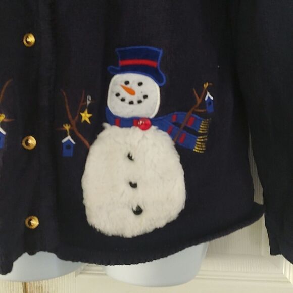 Krystal Kobe navy button down snowman snowflakes winter cardigan Sz M - Picture 3 of 6